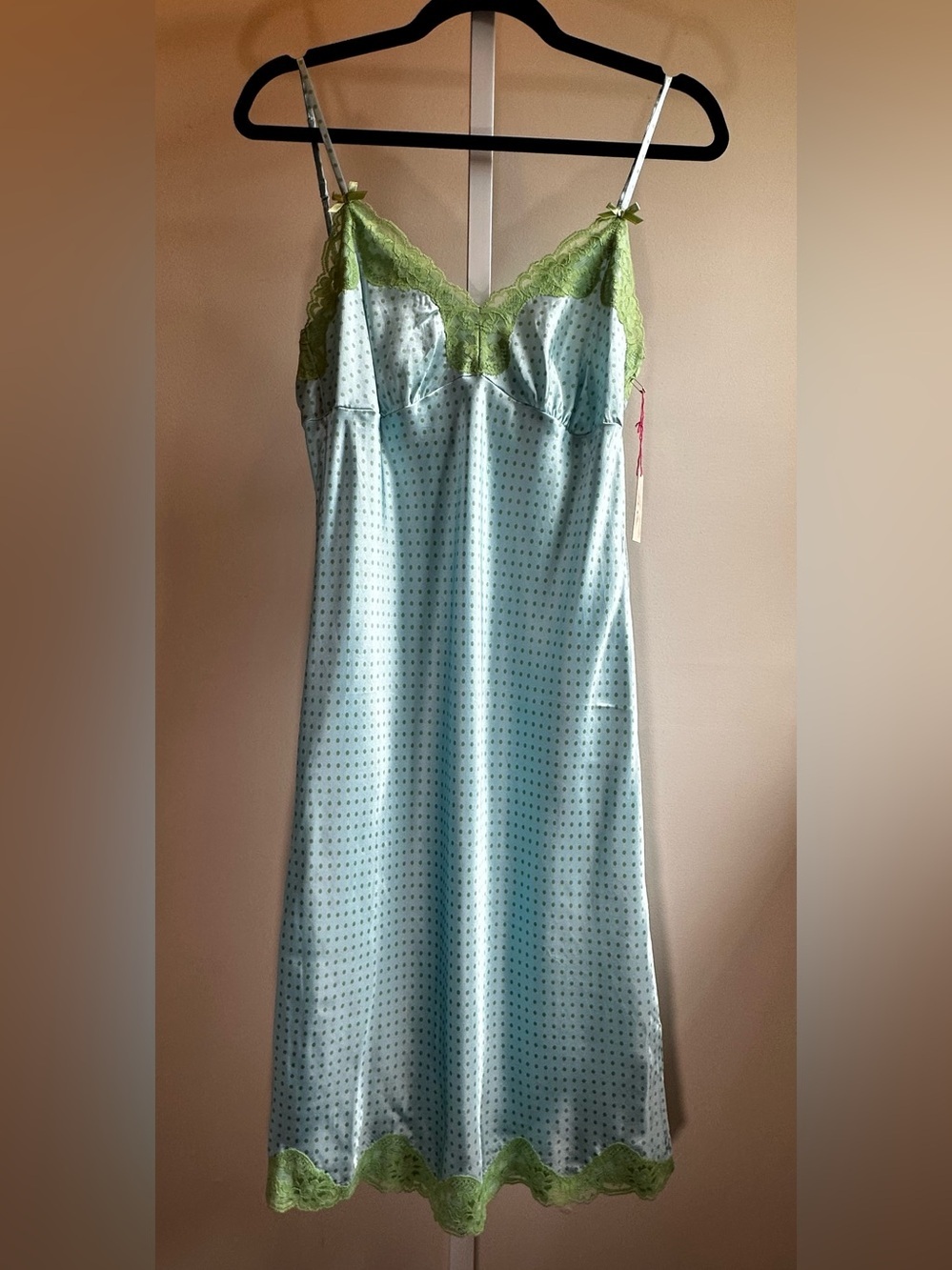 Gold Hawk Dream Blue Polka Dot Silk Slip Dress NWT Medium Lace Trim